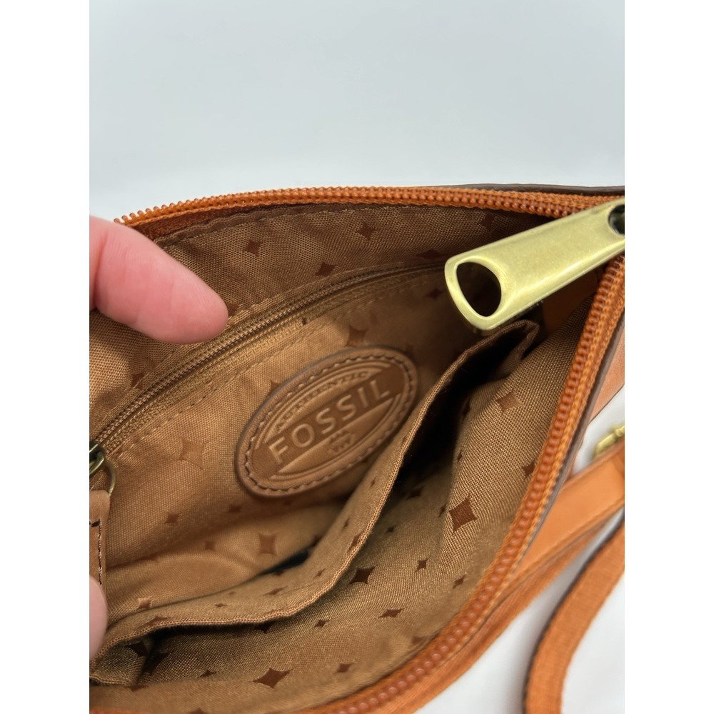 Vintage Fossil Leather Crossbody Bag Orange Pebbled Square Multi Zip Boho Hippie - Picture 7 of 10